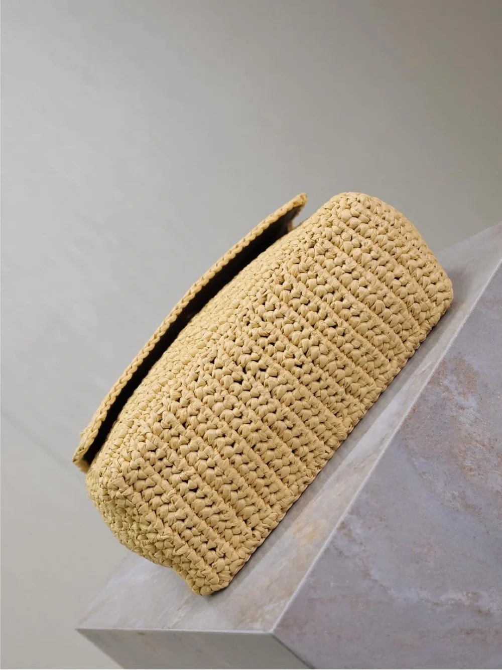 Saint Laurent Straw Crochet Shoulder Bag in Natural Beige with Dark Brown Trim